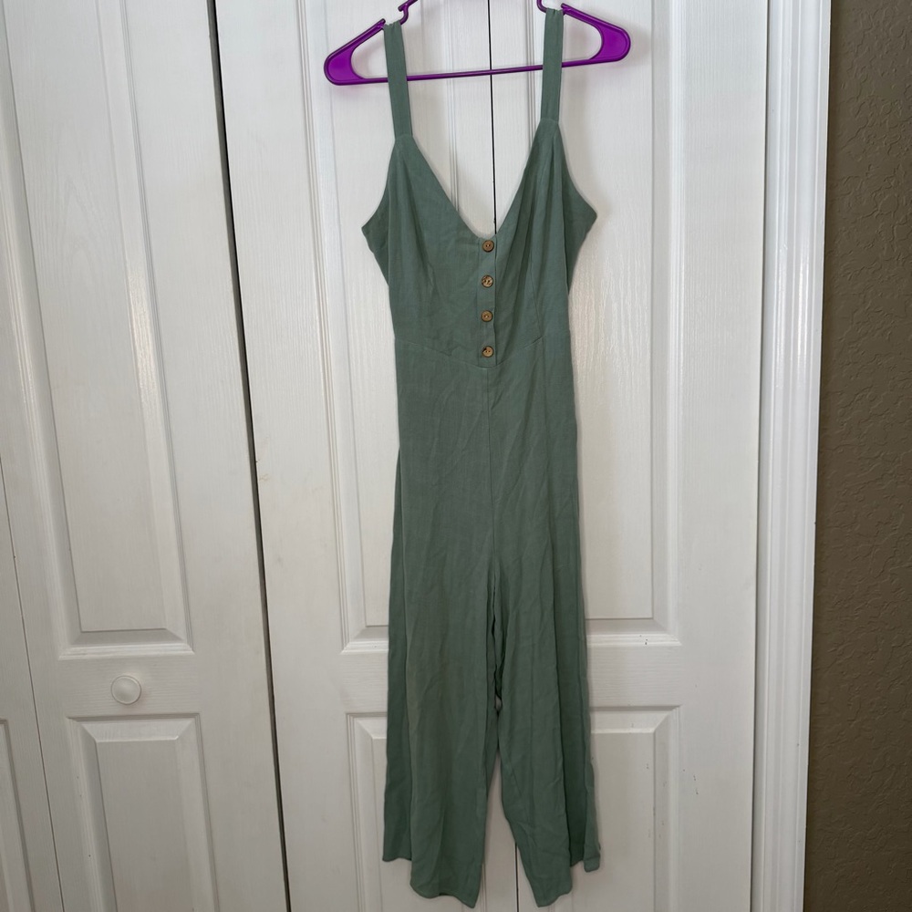 Newbury Kustom Sage Green Wide-Leg Faux Button-Front Tie Back Cropped Jumpsuit S